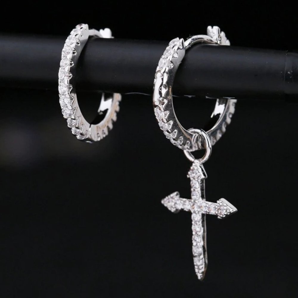 925 Sterling Silver Diamond Cross Hoop Earrings C4
